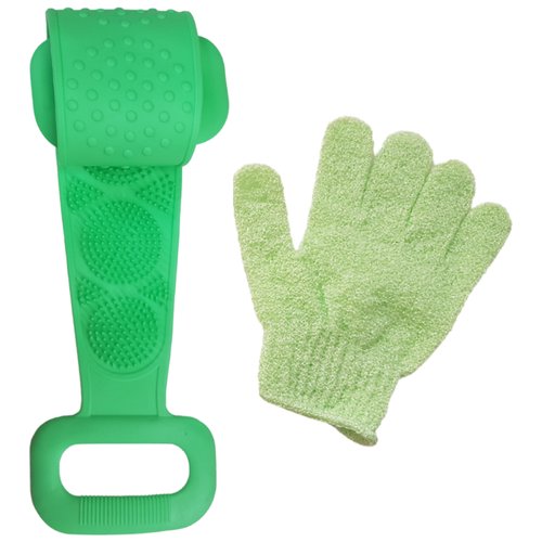 Мочалка для тела массажная силиконовая зеленая и перчатка для пилинга, набор KF