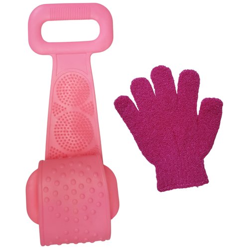 Мочалка для тела массажная силиконовая розовая и перчатка для пилинга, набор KF